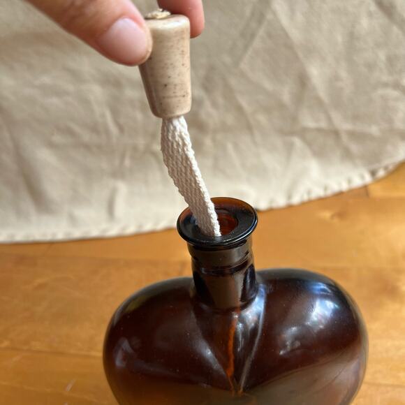 Paul Masson dark amber heart shaped bottle 8" w/ cork and wick oil lamp - Picture 5 of 10